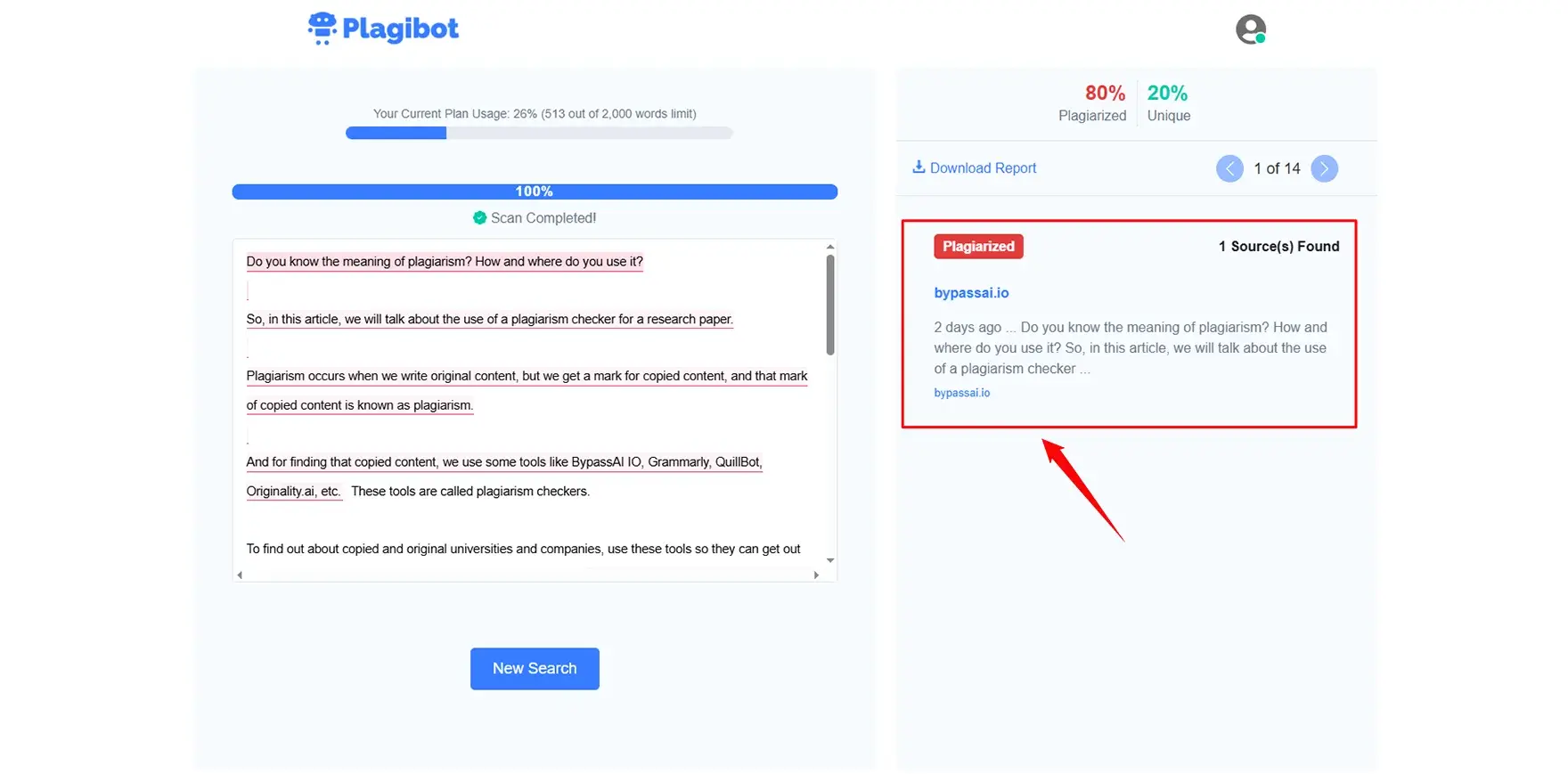 Test in Plagibot Plagiarism Checker