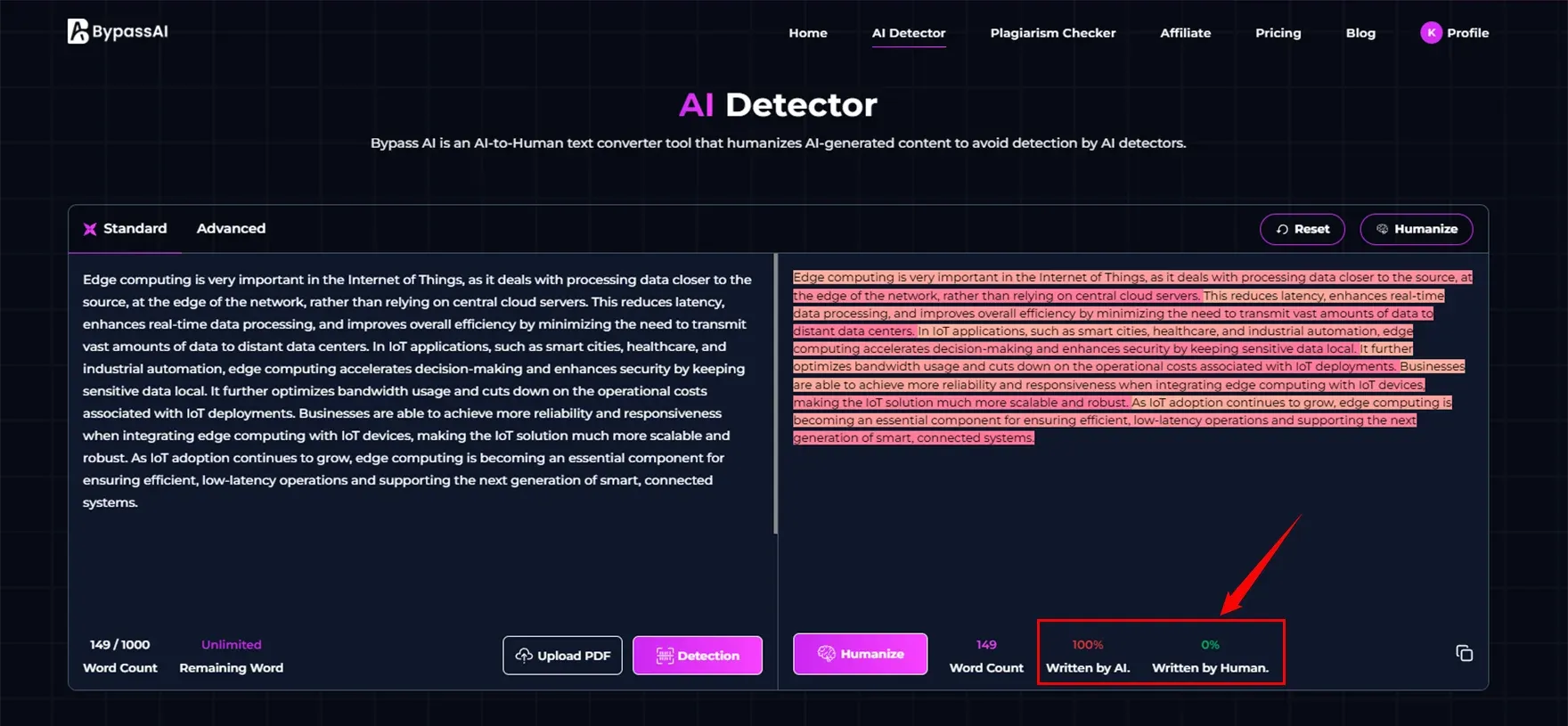 Bypass in the HumanizeAI Pro tool