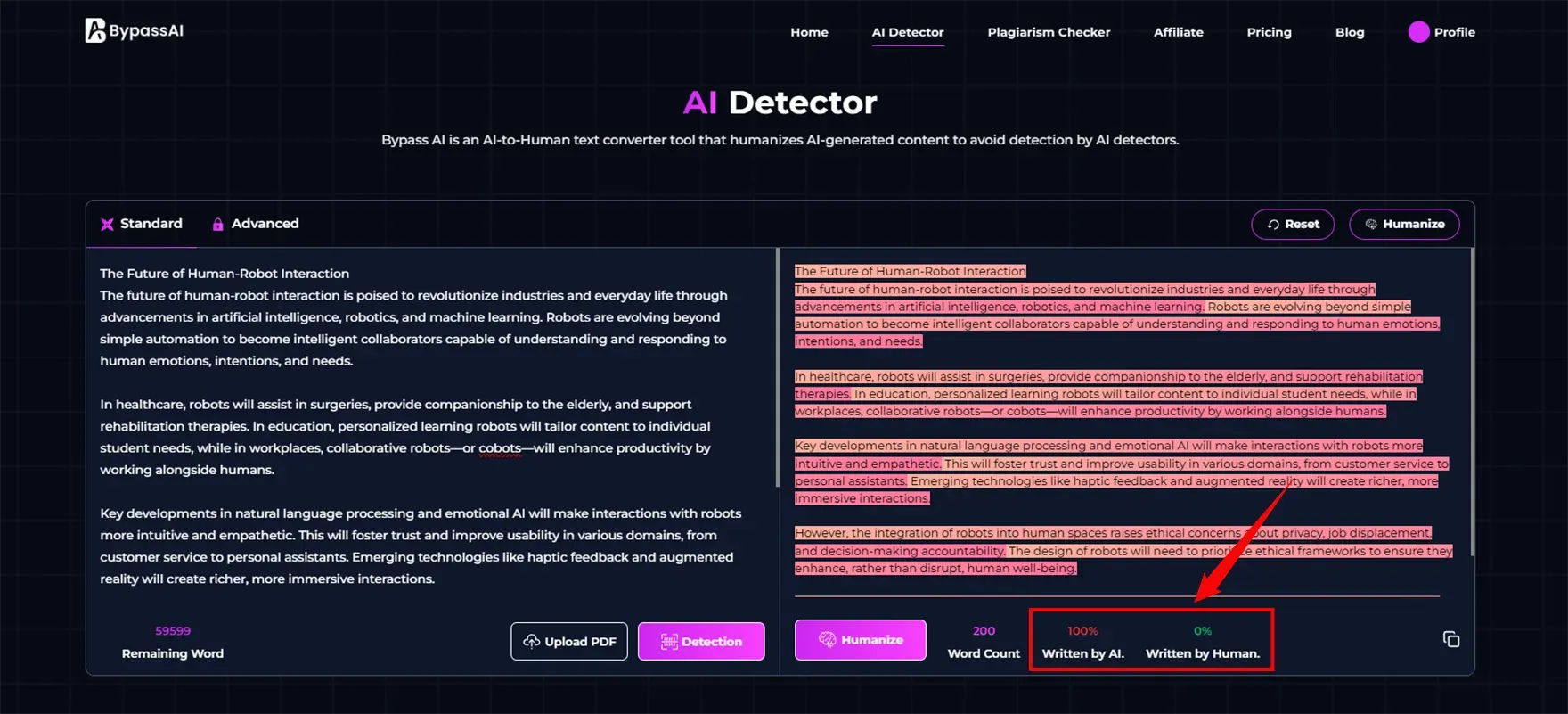 ChatGPT content check-in BypassAI IO’s AI checker tool