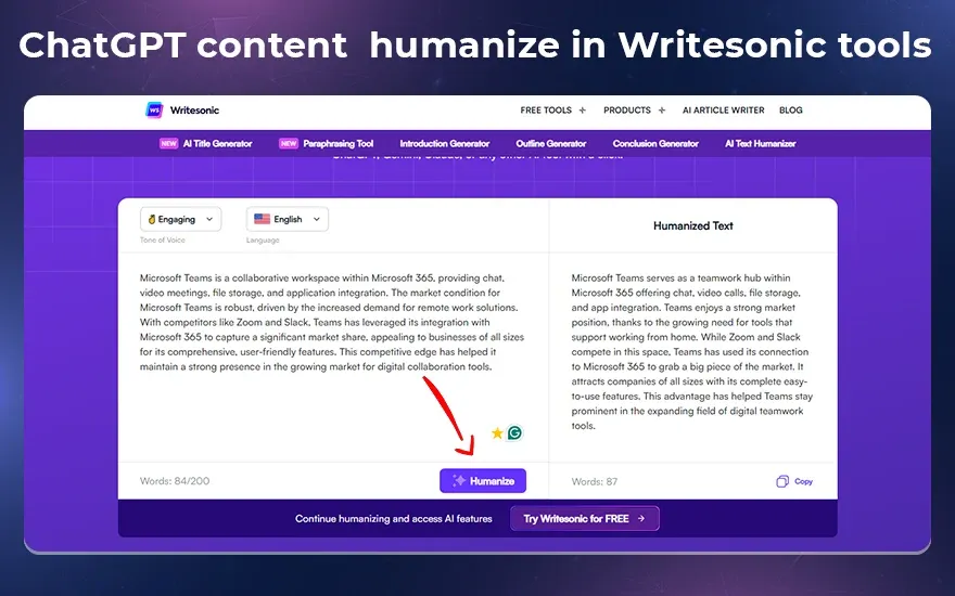 ChatGPT content  humanize in Writesonic tools