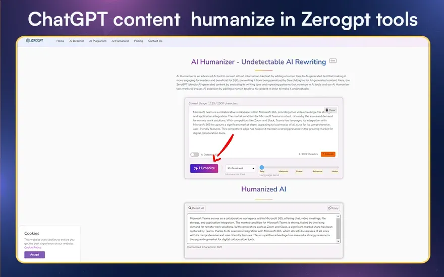 ChatGPT content  humanize in Zerogpt tools