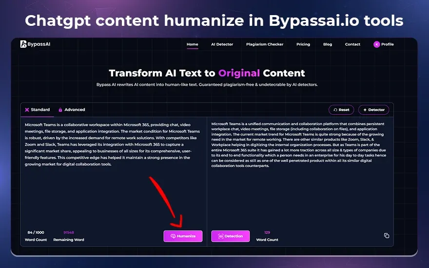 Chatgpt content humanize in Bypassai.ioI tools