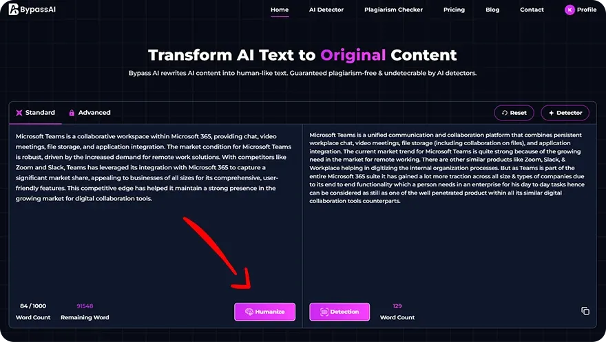 Chatgpt content humanize in Bypassai.ioI tools