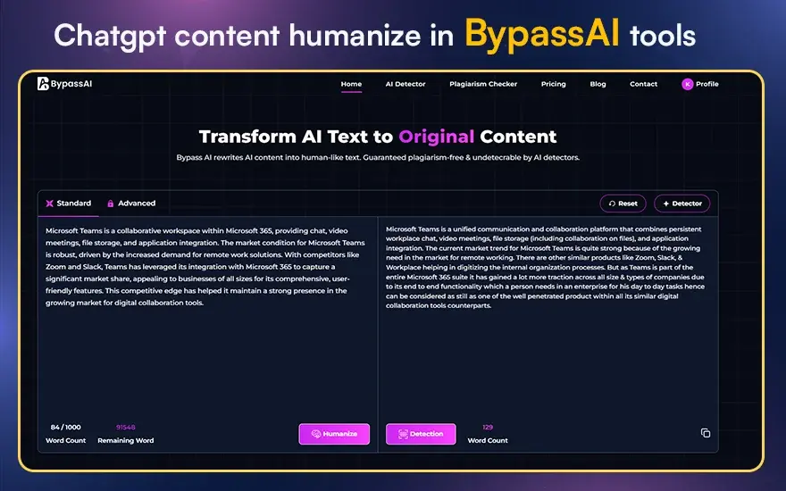 Chatgpt content humanize in Bypassai io tools