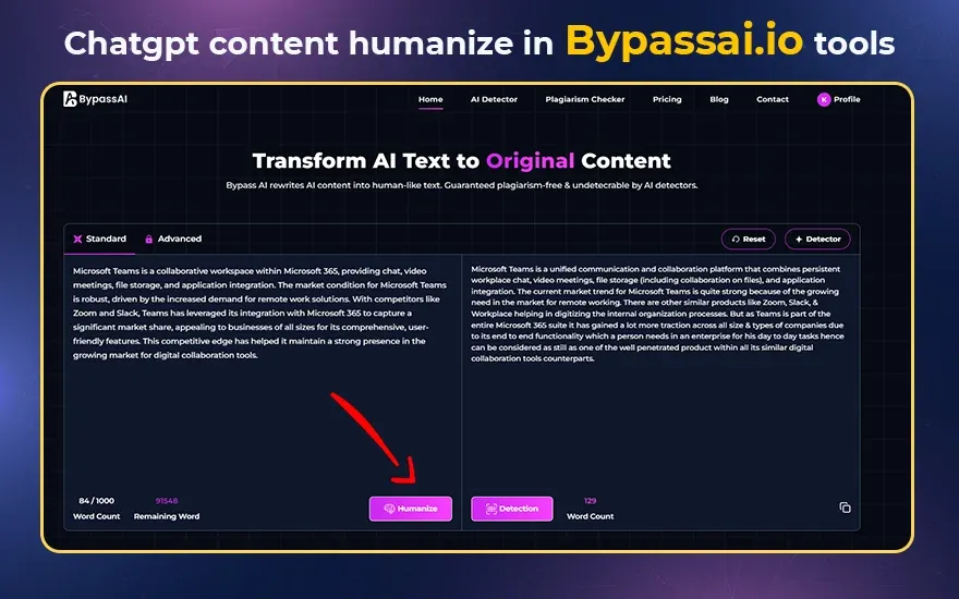 Chatgpt content humanize in Bypassai io tools