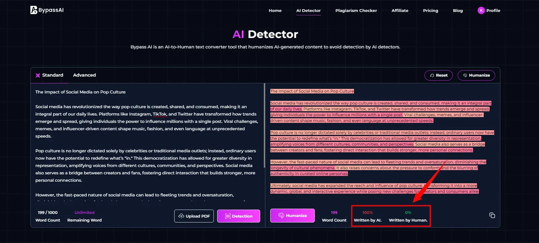 Chatgpt text check-in BypassAI’s AI checker tool