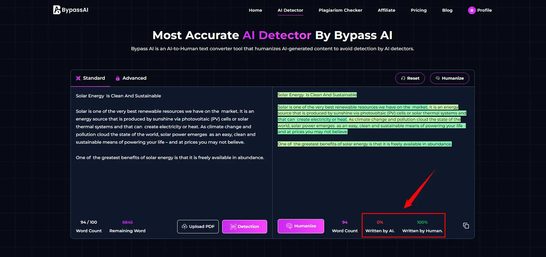 Checked Humanize Content in Bypass IO AI detector.webp
