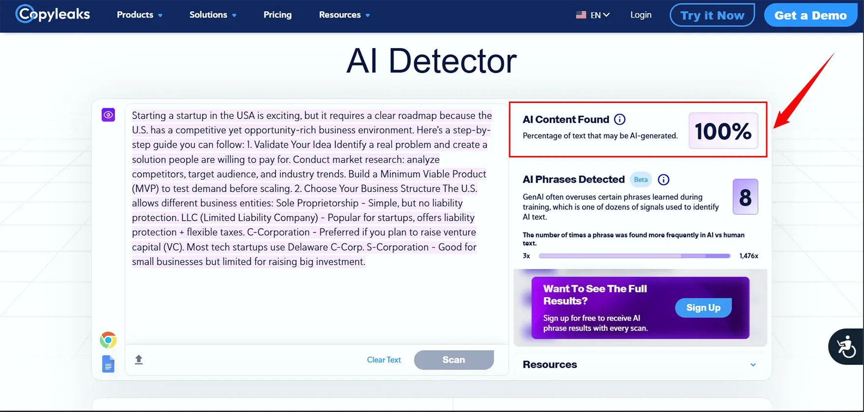 CopyLeaks AI detector