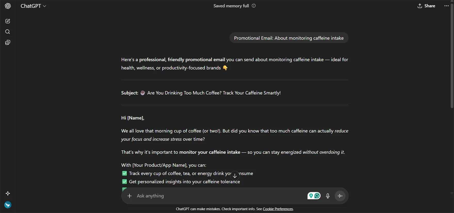 Promotional Email  About monitoring caffeine intake