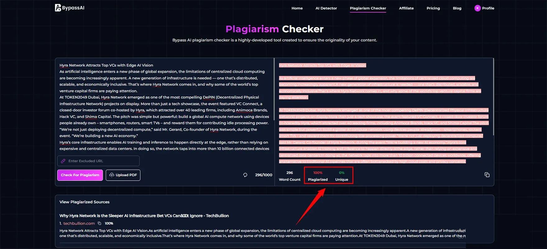 We pasted this blog content into the BypassAI plagiarism checker tool