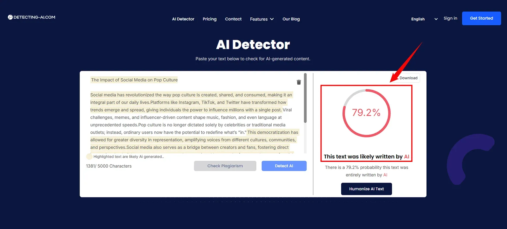 content check-in Detecting AI com tool