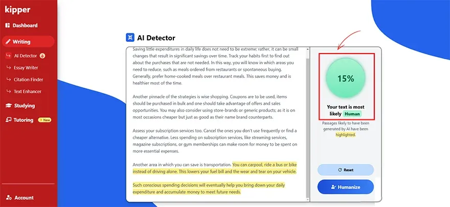 this content check in Kipper AI detector.webp